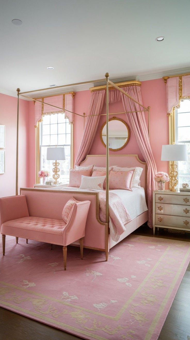 Elegant bedroom with pink walls, gold accents, and a four-poster bed