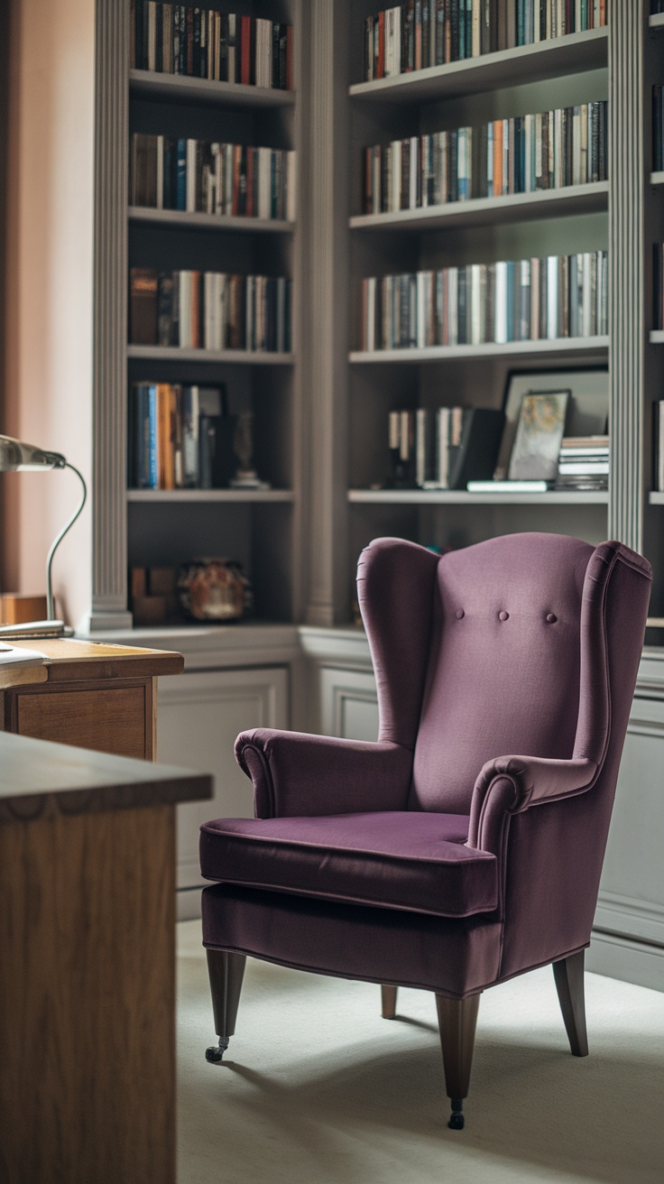 A purple wingback armchair in a cozy home office setting, surrounded by bookshelves.