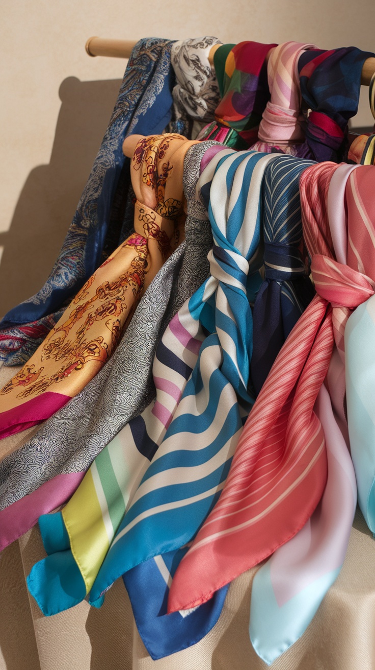 A collection of colorful scarves displayed elegantly, showcasing various patterns and styles.