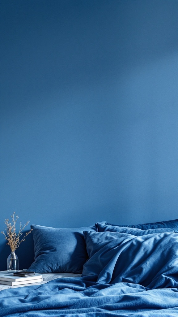 Cozy blue bedroom with deep blue walls and plush bedding