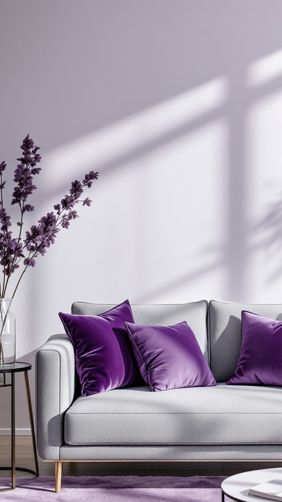 Cozy living room featuring a gray sofa with violet pillows and purple flowers in a vase