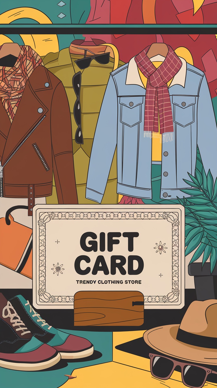 Illustration of a gift card for a trendy clothing store with various clothing items displayed.
