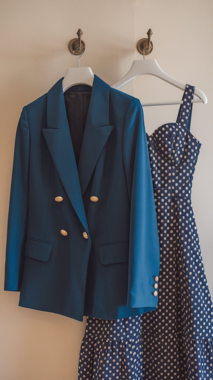A blue feminine blazer paired with a polka dot dress on hangers.