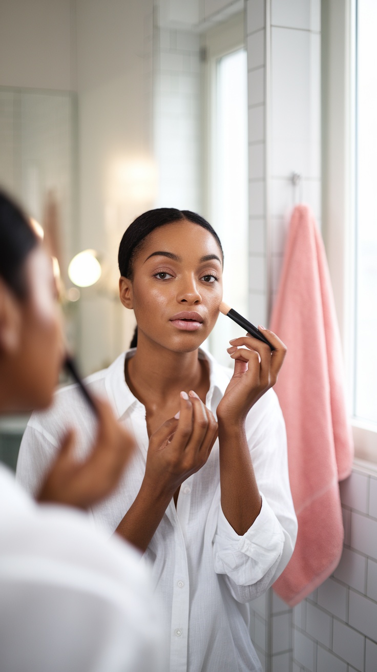 A woman applying makeup in front of a mirror in a bright bathroom