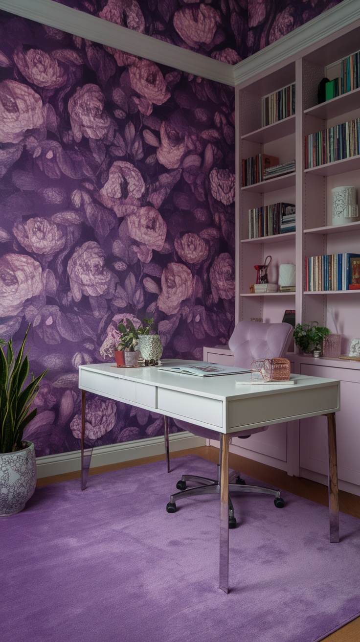 A home office with floral purple wallpaper, a white desk, and plants.