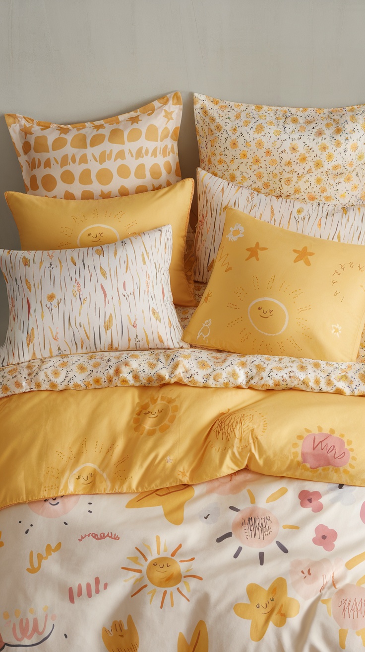 Colorful yellow themed bedding set with various pillows featuring suns and flowers