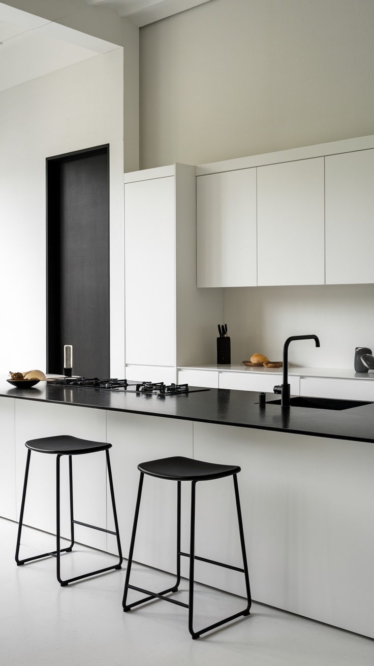 A minimalist black and white kitchen featuring a sleek island with a black countertop, white cabinets, and black bar stools.