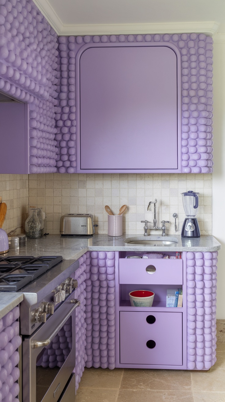 A purple-themed kitchen featuring textured cabinetry and functional storage solutions.