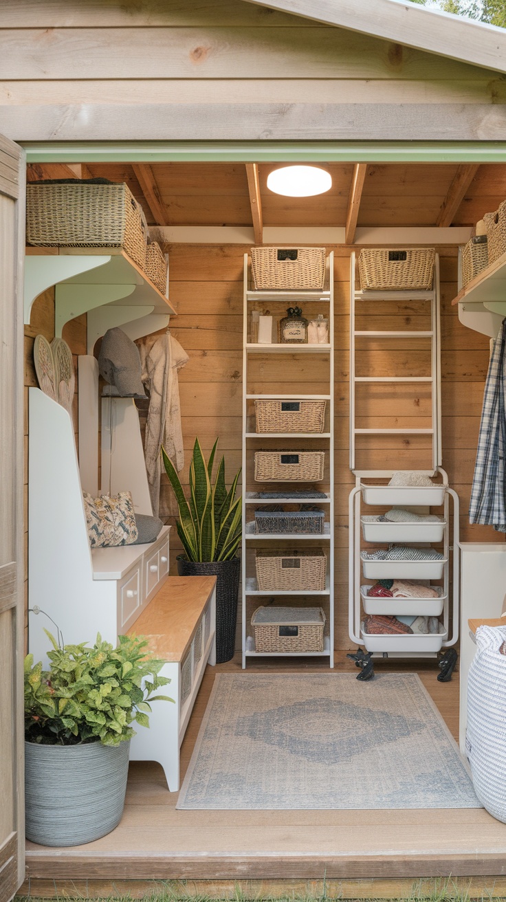 Interior of a well-organized she shed featuring functional storage solutions with baskets, shelves, and plants.
