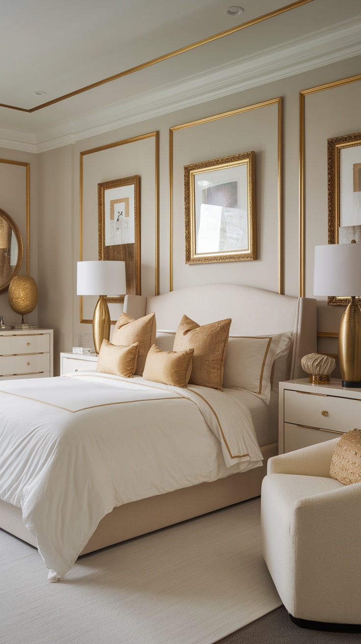 A stylish bedroom featuring gold accents in decor with a beige bed, gold pillows, and framed artwork.