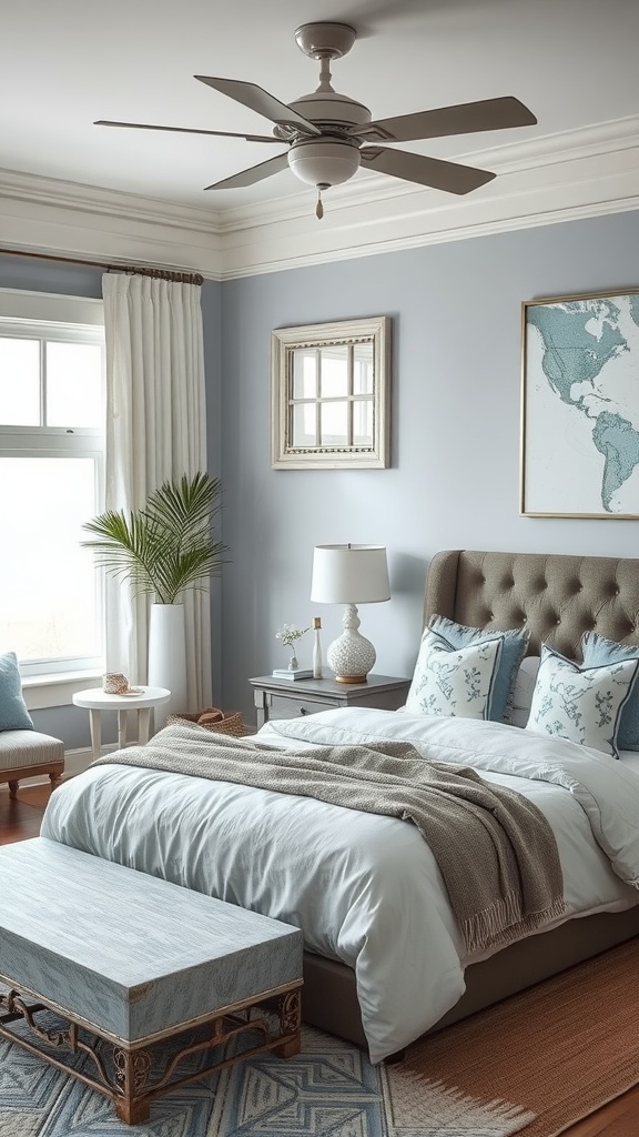 A modern bedroom featuring gray walls, blue accents, and a cozy atmosphere.