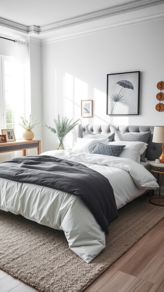 A beautifully arranged gray and white bedroom featuring a plush bed, decorative pillows, and natural light.