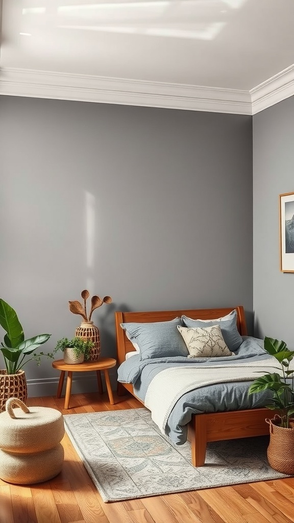 A cozy bedroom featuring gray walls, wooden furniture, and plants for a natural feel.