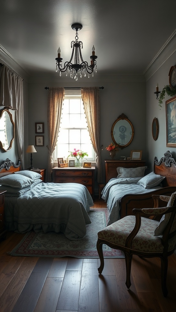 A cozy gray bedroom featuring vintage furniture, soft bedding, and decorative elements.