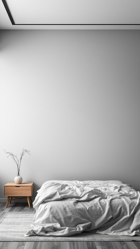 Minimalist modern gray bedroom with a bed and wooden nightstand