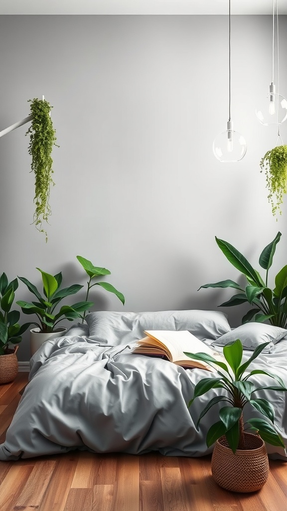 A modern gray bedroom featuring a cozy bed with gray bedding, potted plants, and hanging greenery.