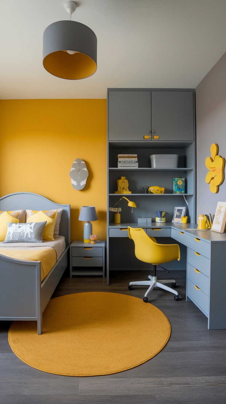 A bright and stylish bedroom featuring gray furniture and yellow accents, with a cozy rug and a cheerful desk area.