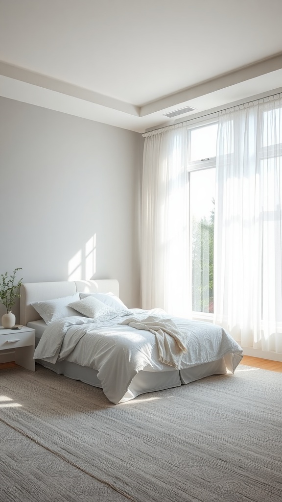 A modern gray bedroom with a large window letting in natural light, a cozy bed with light linens, and a natural fiber rug.