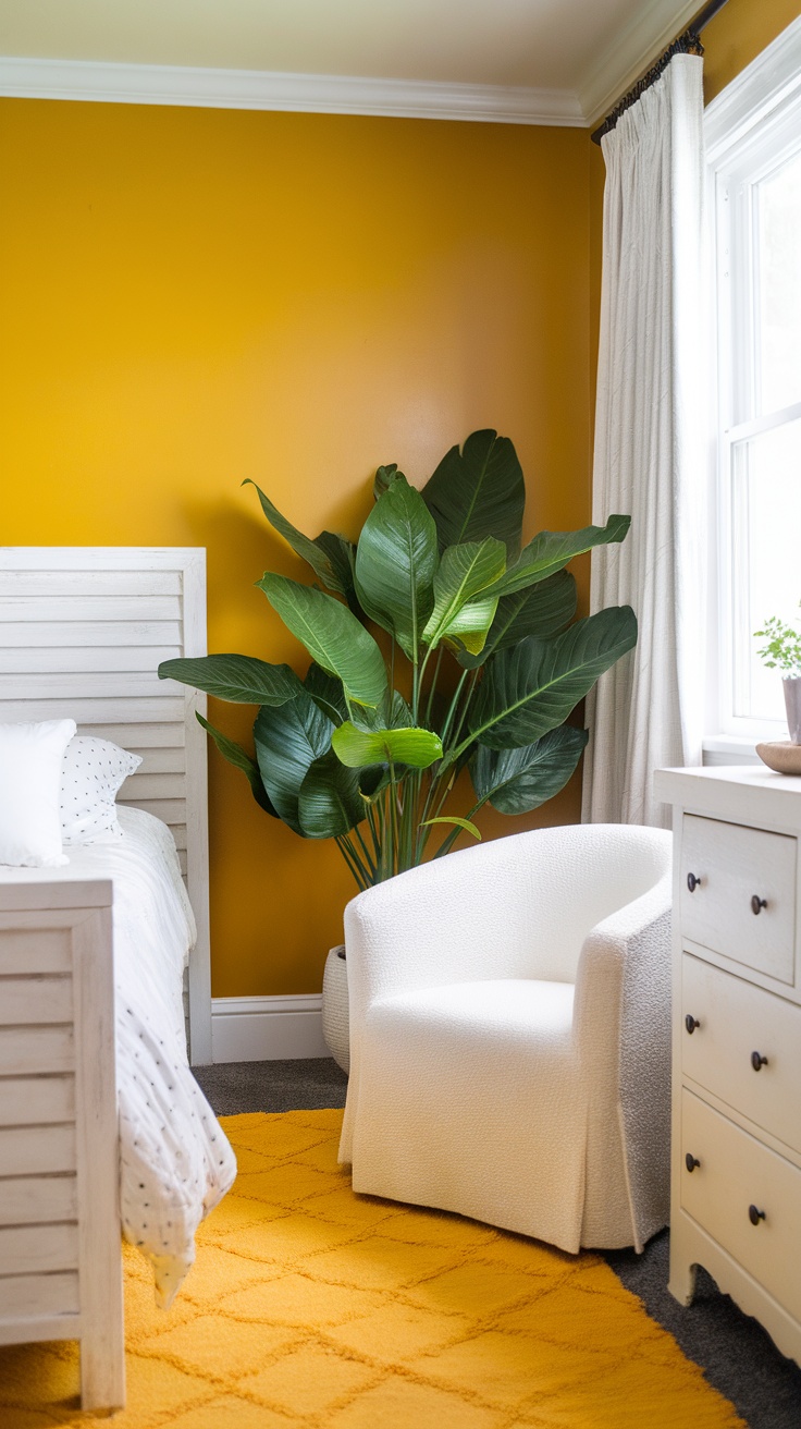 A yellow bedroom featuring a large green plant in the corner, a white chair, and a cozy bedding setup.