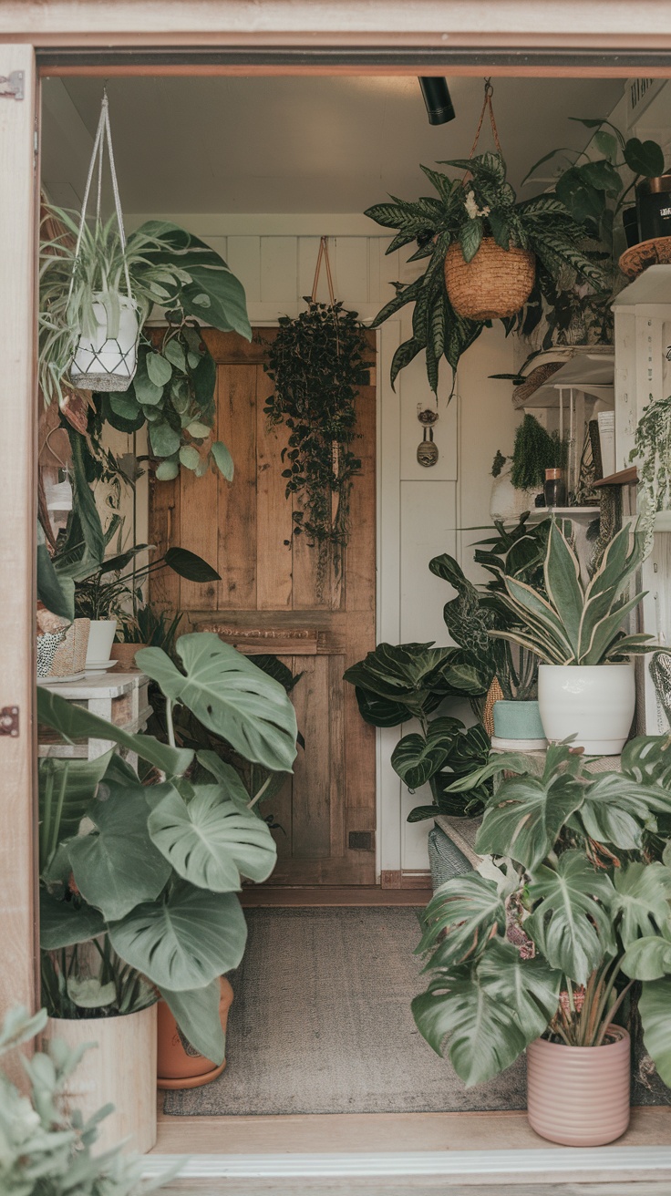 A cozy entrance of a she shed filled with various indoor plants, including hanging baskets and potted greenery.