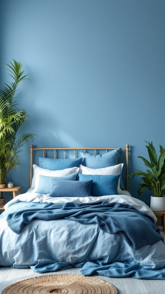 Cozy blue bedroom featuring blue walls, bedding, and natural plants