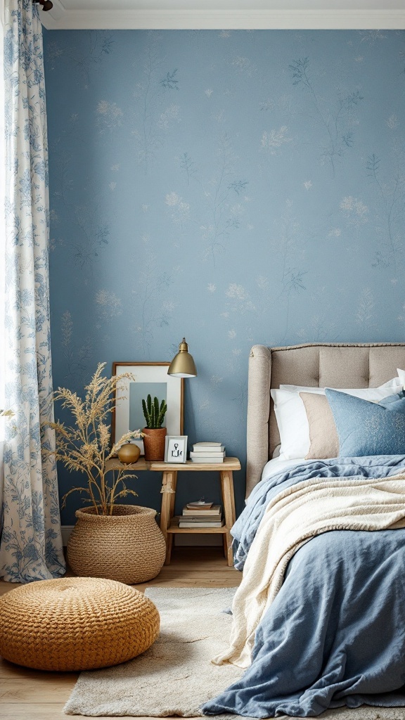 Cozy blue bedroom with floral wallpaper, layered bedding, and textured accessories