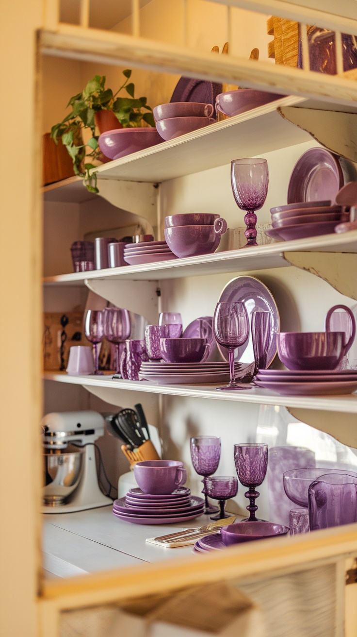 Shelves filled with purple dishware and a small green plant.