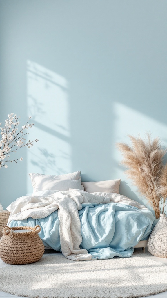Cozy blue bedroom with soft pastels and natural elements