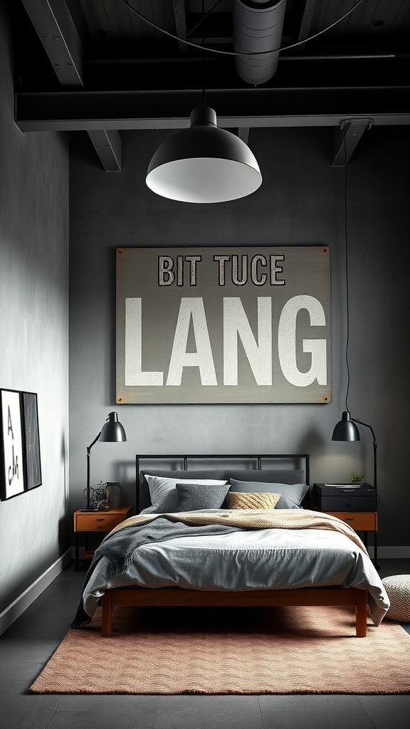 A modern gray bedroom featuring industrial chic elements, with a bed, metal light fixtures, and unique wall art.