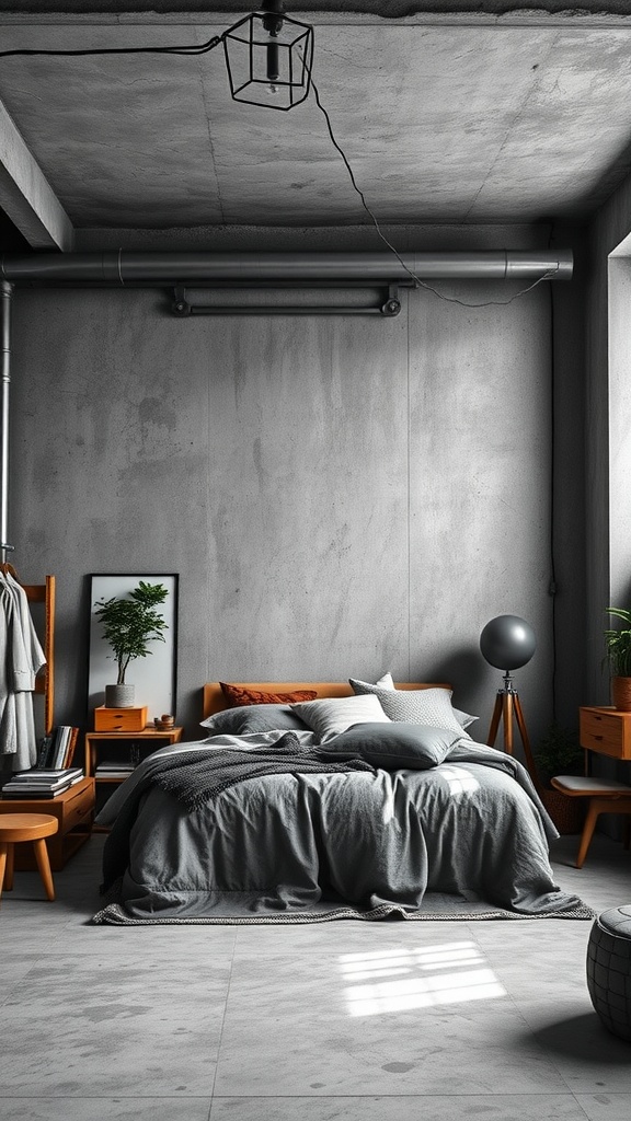 Industrial loft bedroom with gray features, including concrete walls, a cozy bed, and stylish wooden furniture.