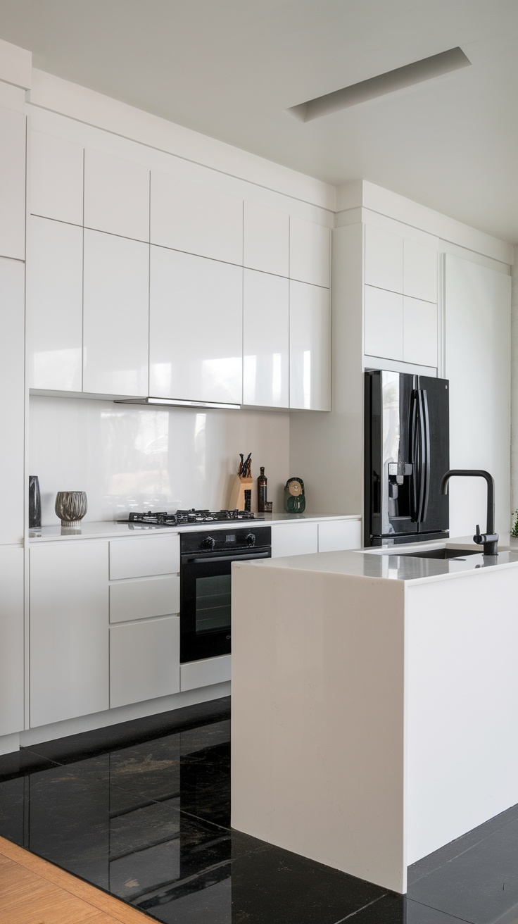 A minimalist black and white kitchen featuring integrated appliances and a spacious island.