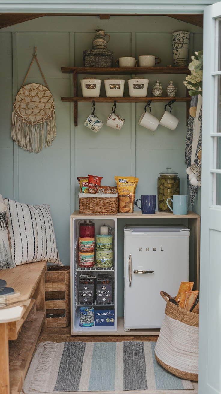 Cozy snack and beverage station in a she shed featuring shelves with mugs, snacks, and a small refrigerator.