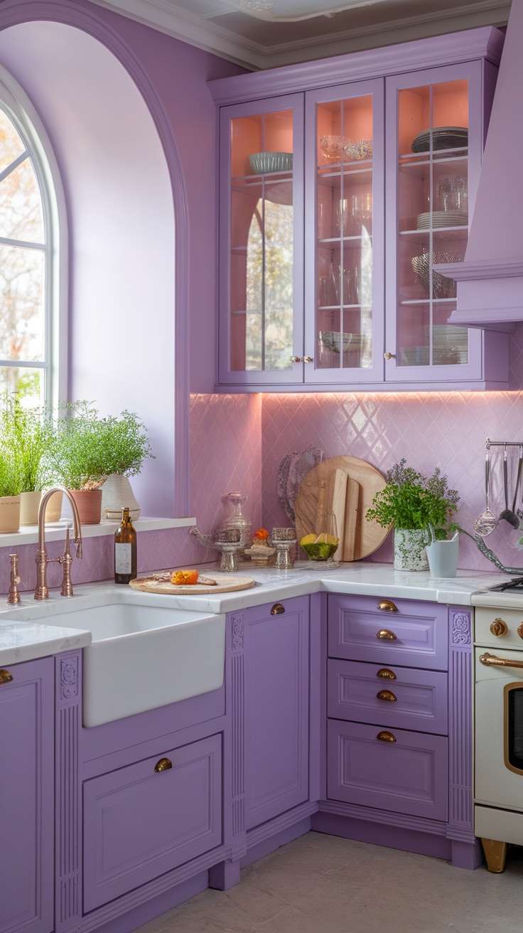 A kitchen featuring lavender cabinets, marble countertops, and natural herb decorations.