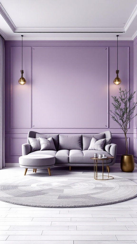 A modern living room featuring lavender walls, a gray sofa, and stylish decor.