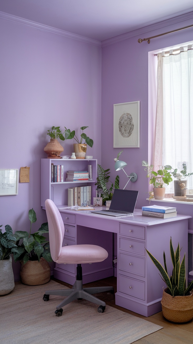 Home office with lavender walls, a purple desk, pink chair, and various plants.