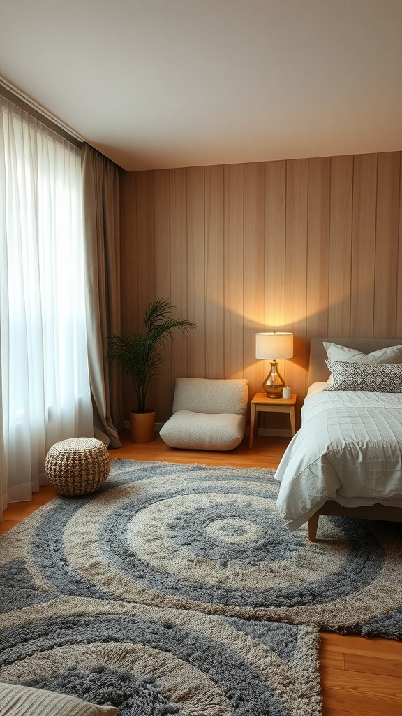 A modern gray bedroom featuring layered rugs, a comfortable bed, and soft lighting.