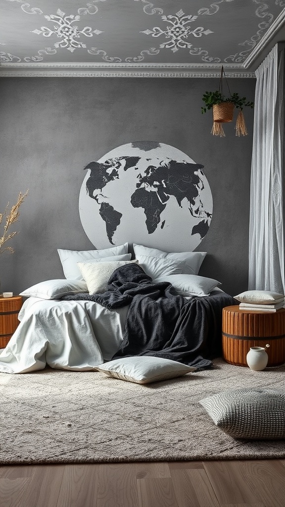 Cozy gray bedroom with layered textures, including a plush bed, soft pillows, and a warm rug.