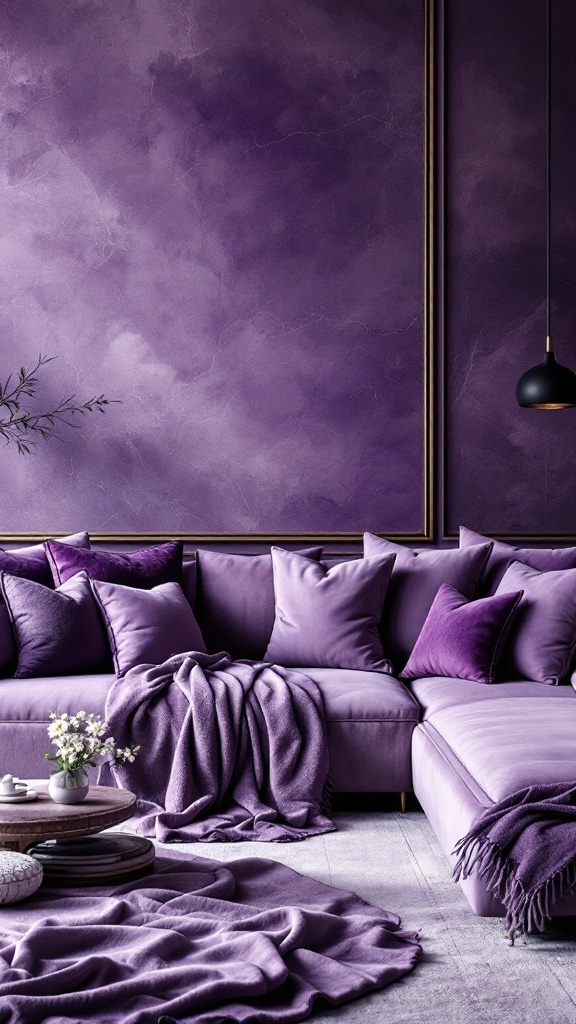 A stylish purple living room with layered textures, featuring a sofa with cushions and a throw blanket, a textured purple wall, and a rug.