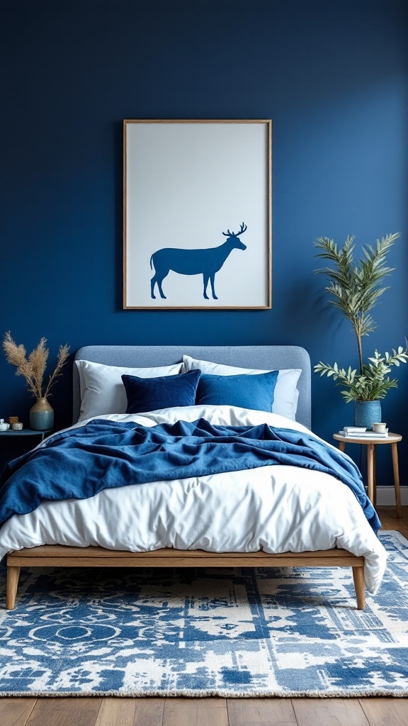 Cozy bedroom with layered shades of blue featuring a bed, decorative pillows, and a plant.