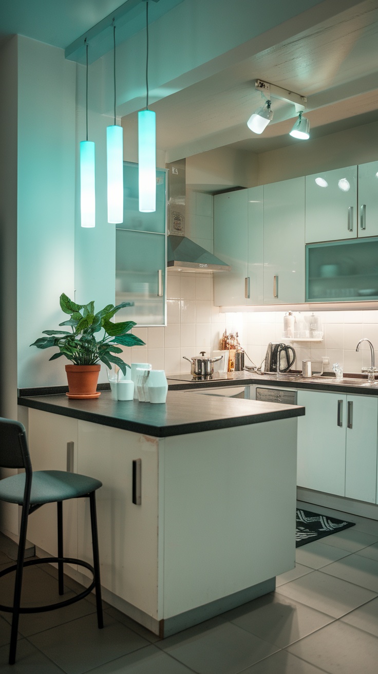 A modern kitchen featuring light blue accent lighting with hanging light fixtures.