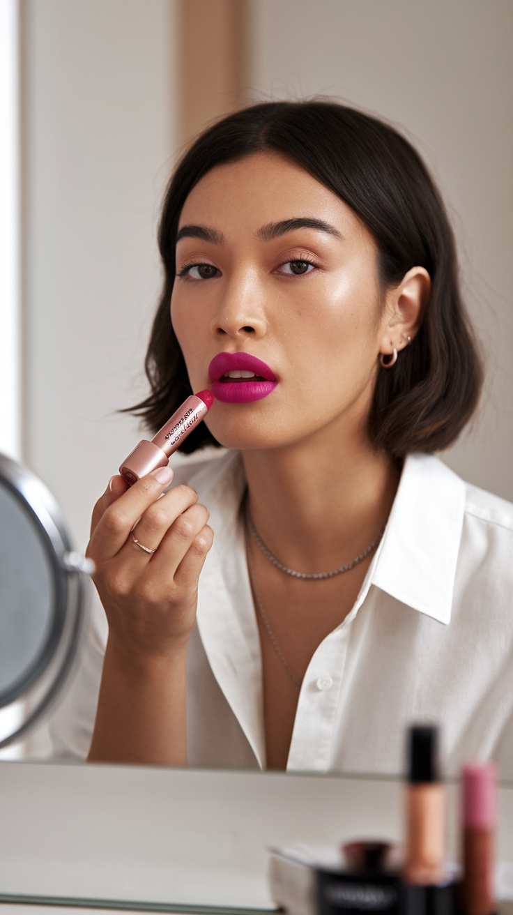 A woman applying bold pink lipstick in front of a mirror, showcasing a quick makeup routine for busy mornings.