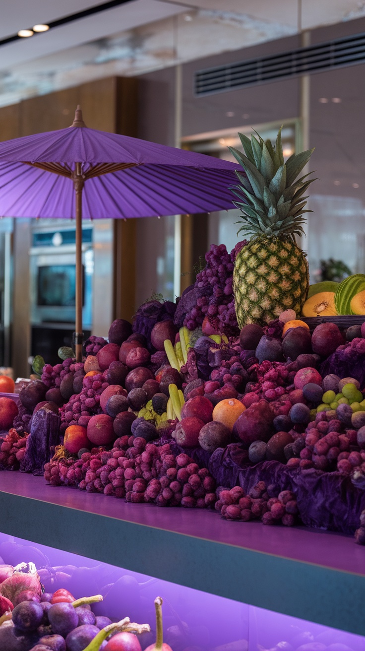 A vibrant display of purple fruits and vegetables including grapes, plums, and a pineapple, under a purple umbrella.