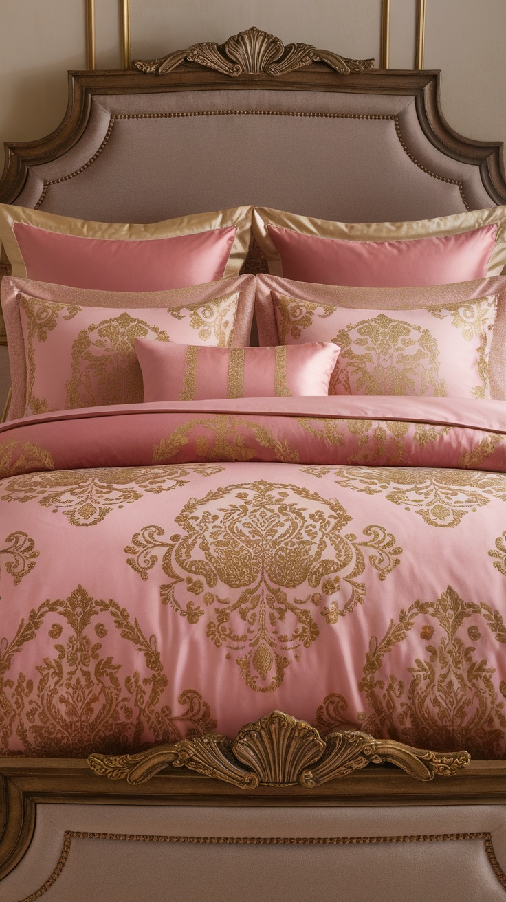 Luxurious pink and gold bedding with elegant patterns and various pillow arrangements.