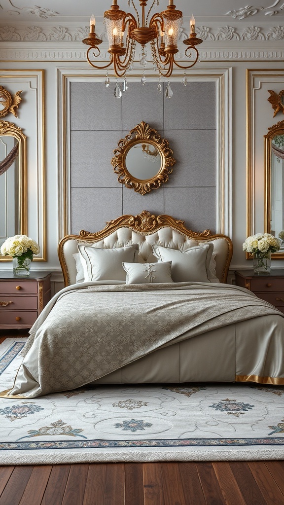 A luxurious gray and gold bedroom featuring an ornate bed, chandelier, and stylish decor.