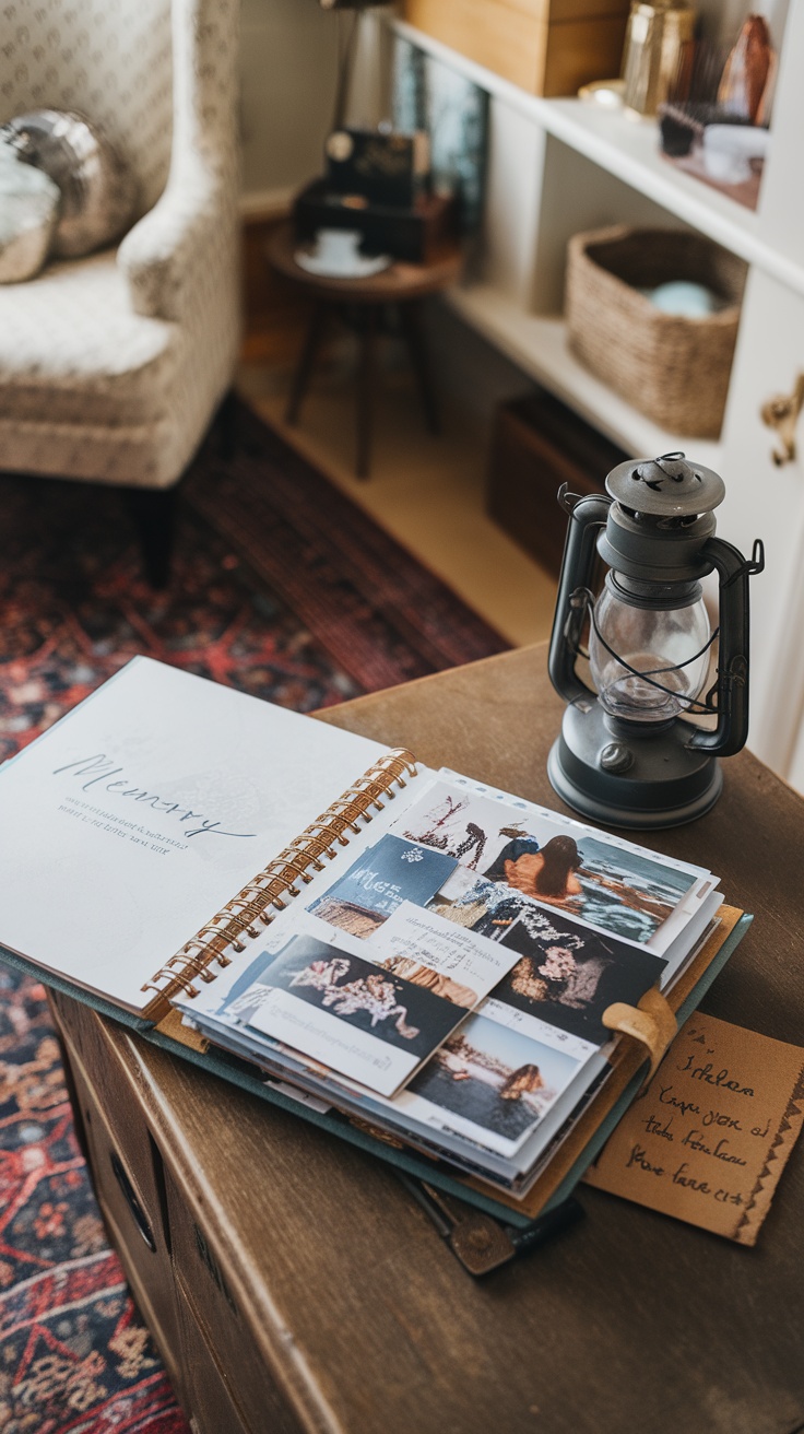 Open memory scrapbook with photos and notes on a wooden table next to a lantern.