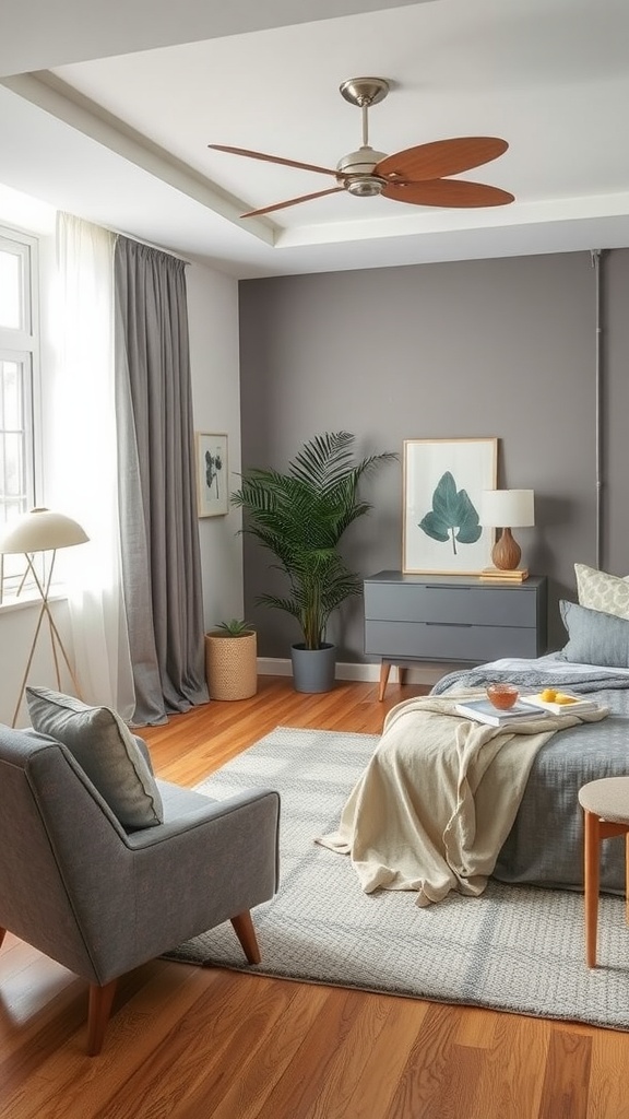 A modern gray bedroom featuring mid-century furniture, a cozy bed, and a stylish armchair.