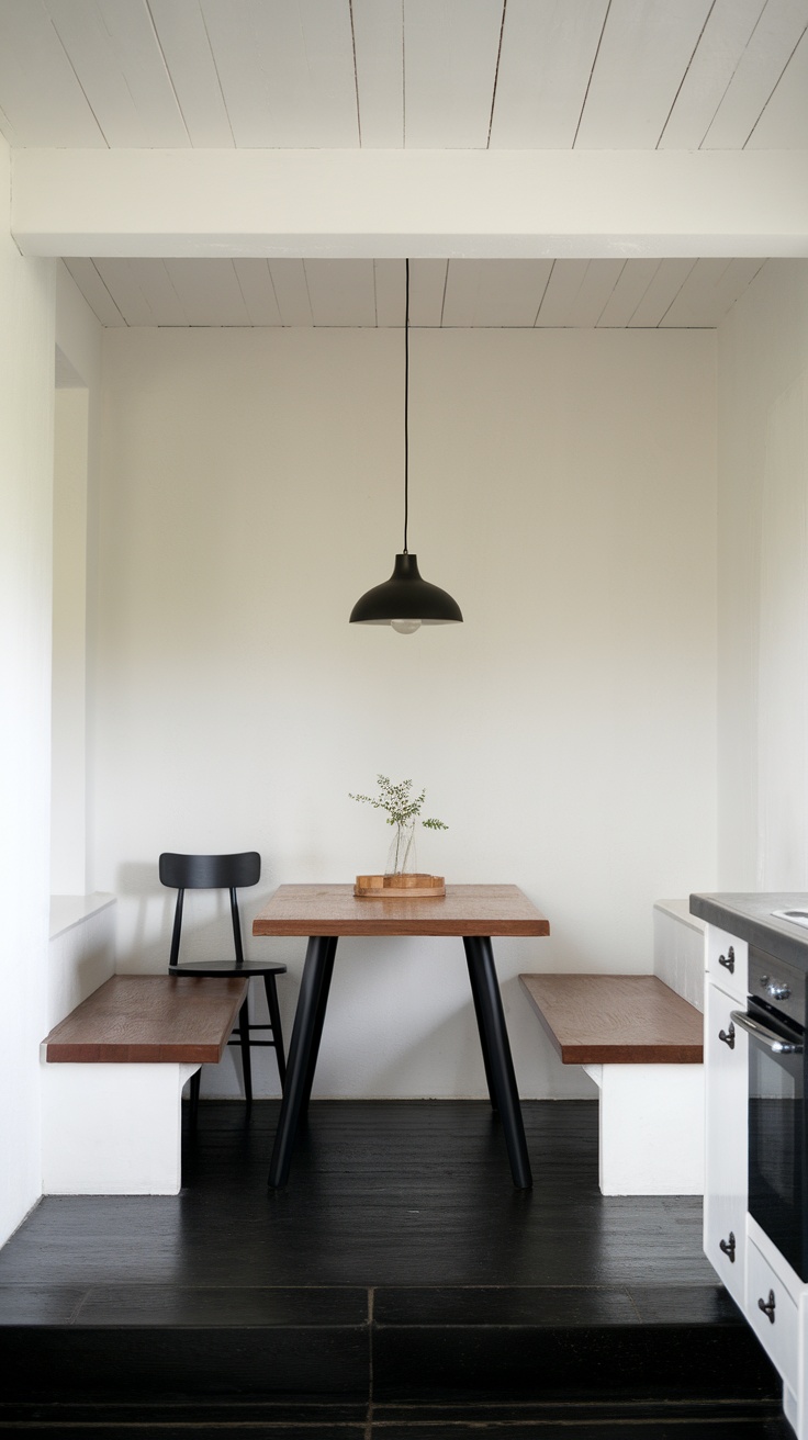 A minimalist dining area featuring a wooden table with a small vase, black chairs, and a neutral color scheme.