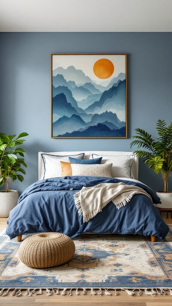 Cozy blue bedroom with earthy tones, featuring a mountain artwork, blue bedding, and potted plants.