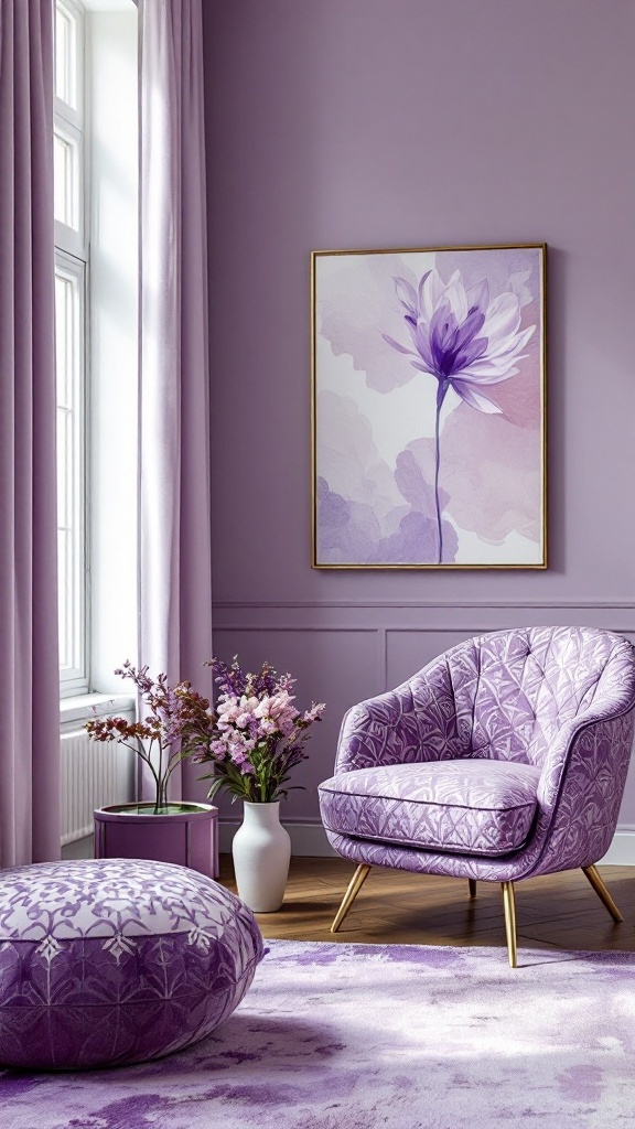 A modern purple living room with a patterned armchair, pouf, and floral decor.