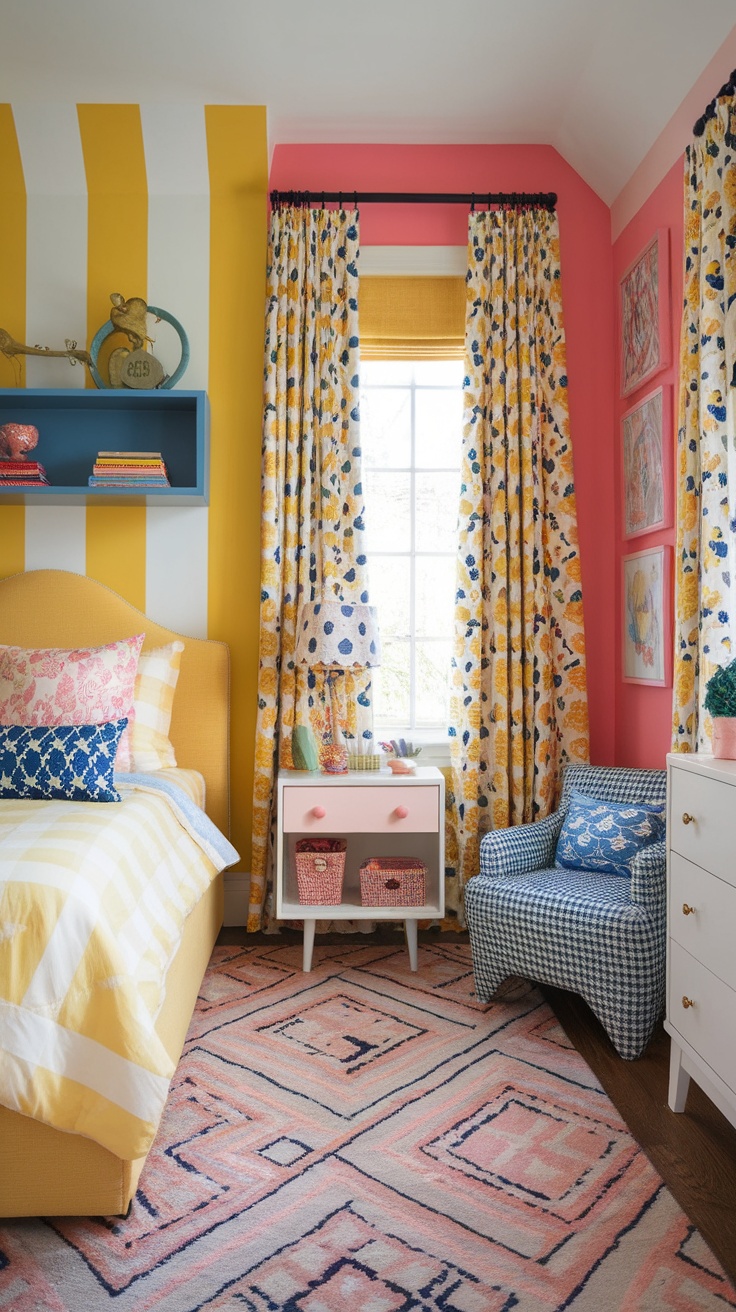 A colorful yellow bedroom showcasing mixed patterns in decor, with striped walls, floral curtains, and patterned bedding.